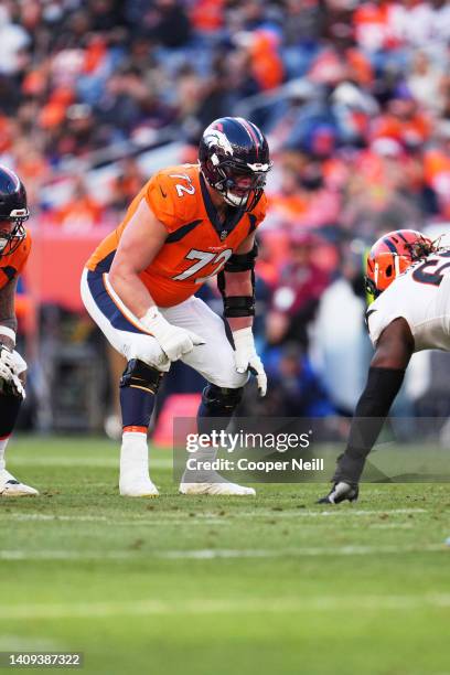 Garrett Bolles of the Denver Broncos gets set against the Cincinnati Bengals during an NFL game at Empower Field At Mile High on December 19, 2021 in...