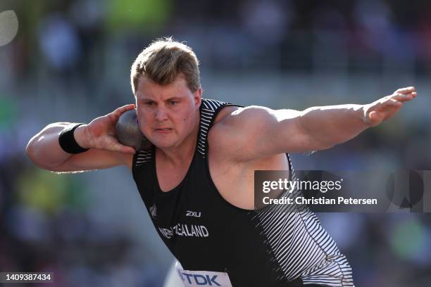 Jacko Gill of Team New Zealand competes in the Men's Shot Put Final on day three of the World Athletics Championships Oregon22 at Hayward Field on...