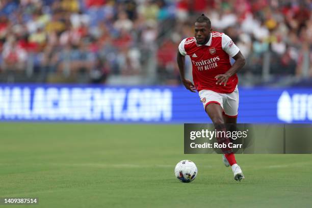 Nuno Tavares of Arsenal in action during a preseason friendly against the Everton at M&T Bank Stadium on July 16, 2022 in Baltimore, Maryland.