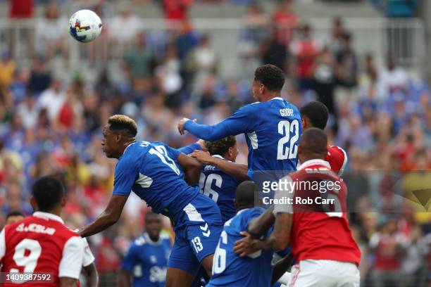 Ben Godfrey of Everton heads the ball against the Arsenal during a preseason friendly at M&T Bank Stadium on July 16, 2022 in Baltimore, Maryland.