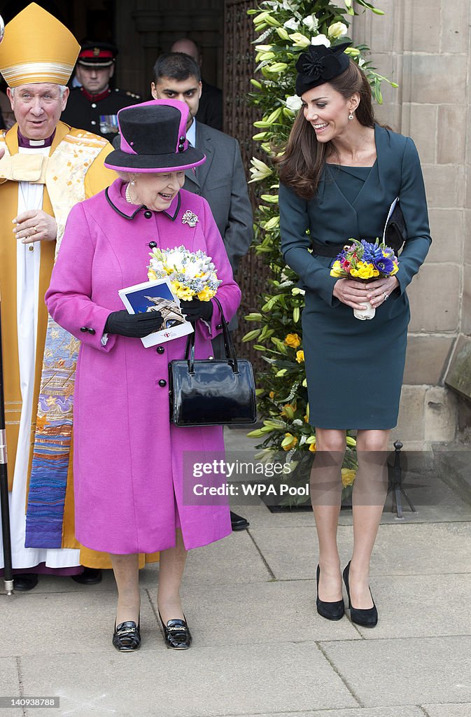 Queen Elizabeth II, Prince Philip, Duke Of Edinburgh And Catherine, Duchess Of Cambridge Visit Leicester