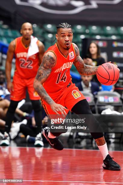 Gerald Green of Bivouac dribbles against the Power during the game in BIG3 Week 5 at Comerica Center on July 17, 2022 in Frisco, Texas.