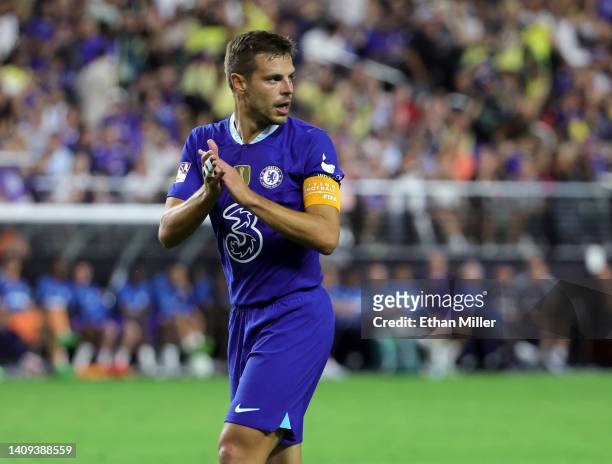 Cesar Azpilicueta of Chelsea reacts after scoring an own goal during a preseason friendly match against Club América at Allegiant Stadium on July 16,...