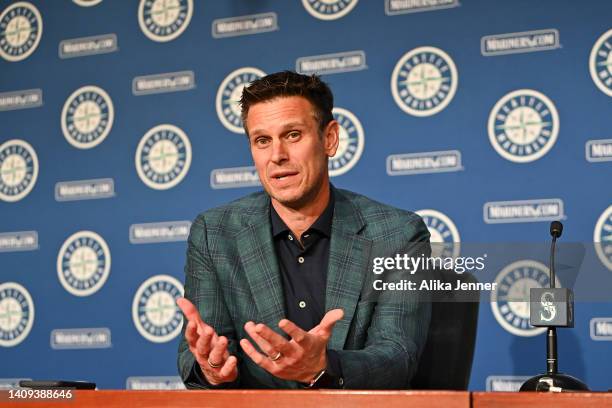 Baseball Operations President Jerry Dipoto of the Seattle Mariners addresses the media after picking SS Cole Young 21st overall in the 2022 MLB Draft...