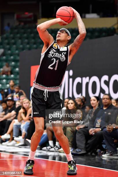 Isaiah Austin of the Enemies shoots against the Killer 3's during the game in BIG3 Week 5 at Comerica Center on July 17, 2022 in Frisco, Texas.