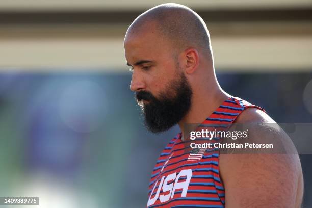 Andrew Evans of Team United States looks on in the Men's Discus Throw Qualification on day three of the World Athletics Championships Oregon22 at...