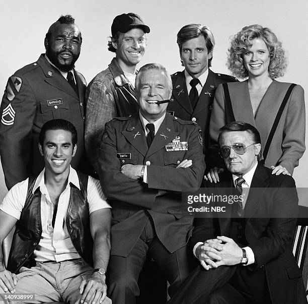 Pictured: Mr. T as Sgt. Bosco "B.A." Baracus, Dwight Schultz as Capt. H.M. "Howling Mad" Murdock, Dirk Benedict as Lt. Templeton "Faceman" Peck,...