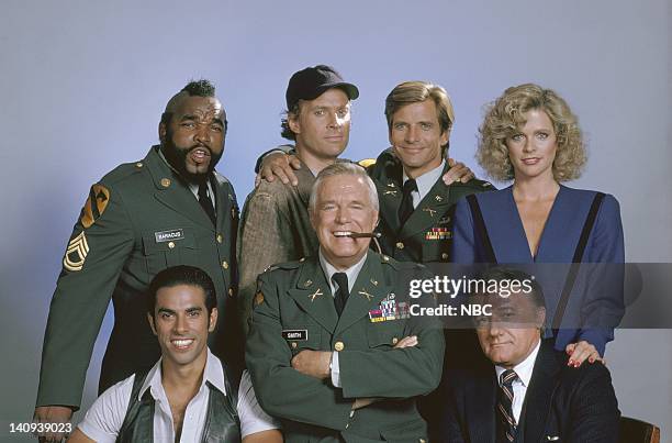 Pictured: Mr. T as Sgt. Bosco "B.A." Baracus, Dwight Schultz as Capt. H.M. "Howling Mad" Murdock, Dirk Benedict as Lt. Templeton "Faceman" Peck,...