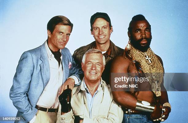 Season 3 -- Pictured: Dirk Benedict as Templeton 'Faceman' Peck, George Peppard as John 'Hannibal' Smith, Dwight Schultz as 'Howling Mad' Murdock,...