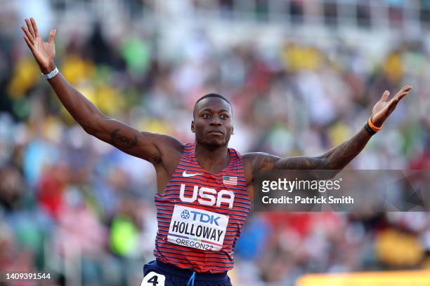 Grant Holloway of Team United States reacts after winning gold in the Men's 110m Hurdles Final on day three of the World Athletics Championships...