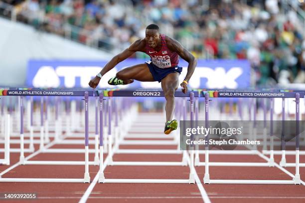 Grant Holloway of Team United States competes in the Men's 110m Hurdles Final on day three of the World Athletics Championships Oregon22 at Hayward...