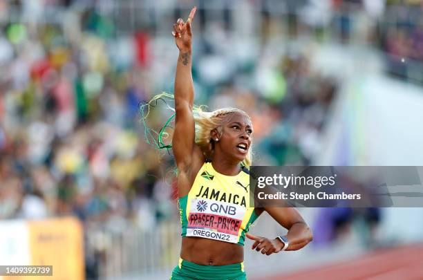 Shelly-Ann Fraser-Pryce of Team Jamaica celebrates winning gold in the Women's 100m Final on day three of the World Athletics Championships Oregon22...