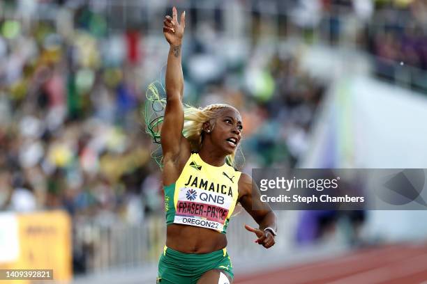 Shelly-Ann Fraser-Pryce of Team Jamaica wins the Women's 100m Final on day three of the World Athletics Championships Oregon22 at Hayward Field on...