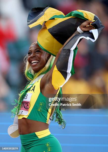 Shelly-Ann Fraser-Pryce of Team Jamaica celebrates after winning gold the Women's 100m Final on day three of the World Athletics Championships...