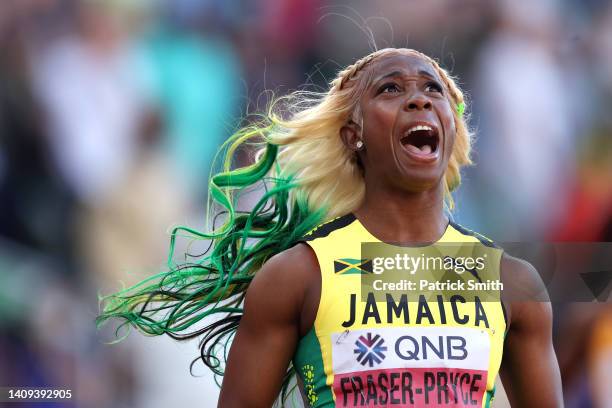 Shelly-Ann Fraser-Pryce of Team Jamaica celebrates after winning gold the Women's 100m Final on day three of the World Athletics Championships...