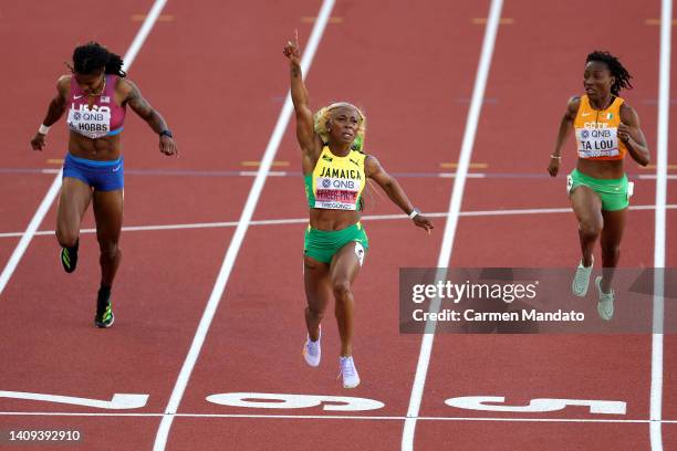 Shelly-Ann Fraser-Pryce of Team Jamaica celebrates after winning gold the Women's 100m Final on day three of the World Athletics Championships...