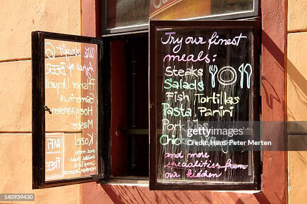 menu at restaurant, old town, prague - prague cafe stock pictures, royalty-free photos & images