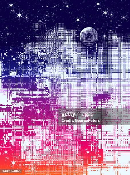 futuristic outer space background with glitch technique - red blue background stock illustrations
