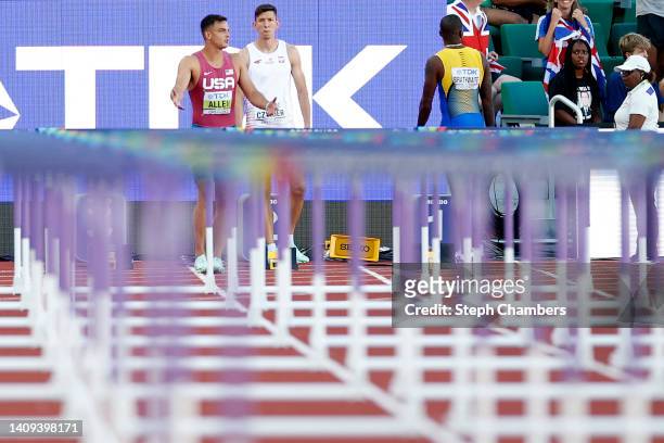 Devon Allen of Team United States argues with a official after being disqualified from the Men's 110m Hurdles Final on day three of the World...