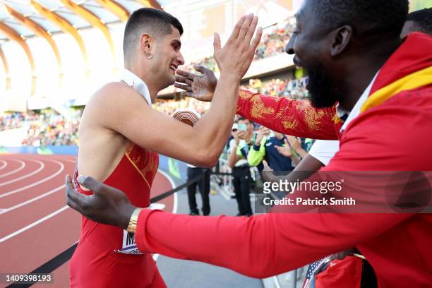 Asier Martinez of Team Spain reacts after winning bronze in the Men's 110m Hurdles Final on day three of the World Athletics Championships Oregon22...