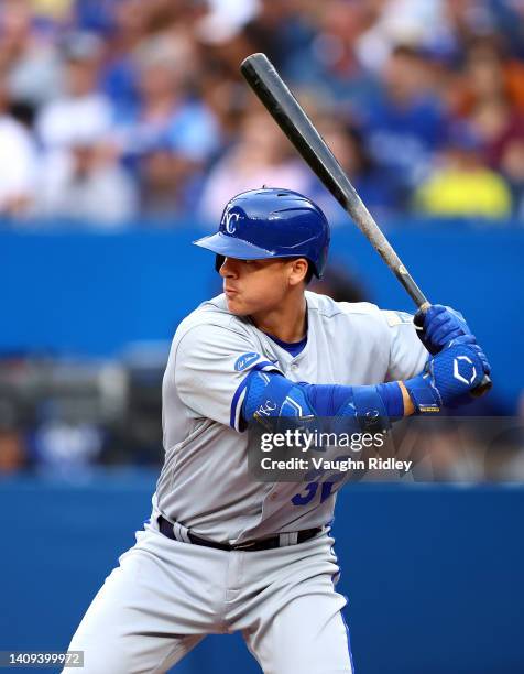 Nick Pratto of the Kansas City Royals bats in the second inning against the Toronto Blue Jays at Rogers Centre on July 15, 2022 in Toronto, Ontario,...