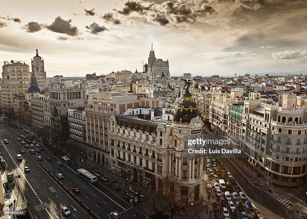 Alcala street with gran via in madrid