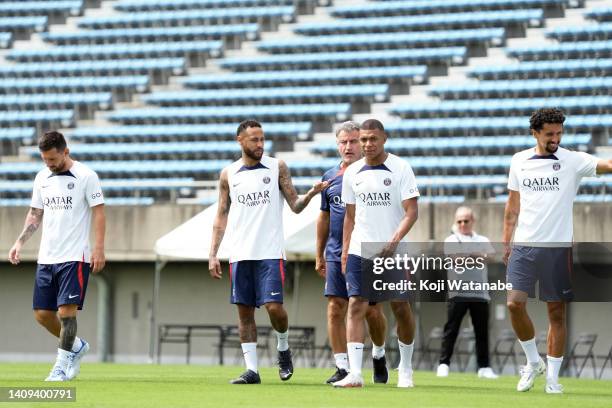 Lionel Messi and Neymar Jr and Paris Saint-Germain manager Christophe Galtier and Kylian Mbappe and and Marquinhos attend the Paris Saint-Germain...