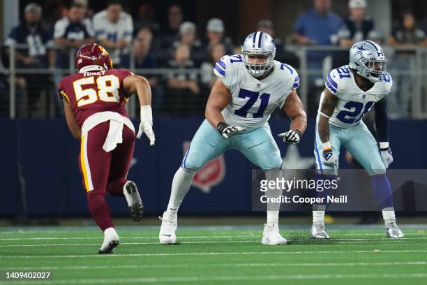Lael Collins of the Dallas Cowboys defends against the Washington Football Team during an NFL game at AT&T Stadium on December 26, 2021 in Arlington,...