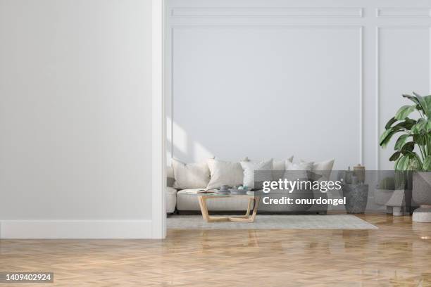modern living room interior with empty wall, sofa, house plants and coffee table - scandinavisch modern stockfoto's en -beelden