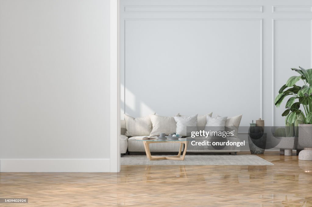 Modern Living Room Interior With Empty Wall, Sofa, House Plants And Coffee Table
