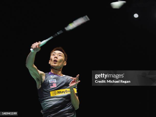 Lee Chong Wei of Malaysia in action in his mens match against Hans-Kristian Vittinghus of Denmark during the Yonex All England Badminton Open...