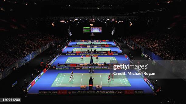 General view of the courts during the Yonex All England Badminton Open Championship at the NIA on March 8, 2012 in Birmingham, England.