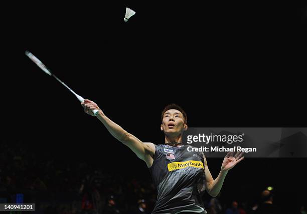 Lee Chong Wei of Malaysia in action in his mens match against Hans-Kristian Vittinghus of Denmark during the Yonex All England Badminton Open...