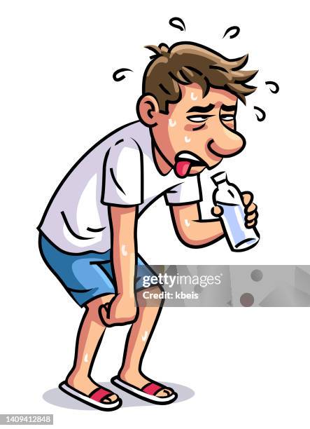 ilustraciones, imágenes clip art, dibujos animados e iconos de stock de hombre sudando con una botella de agua - sediento