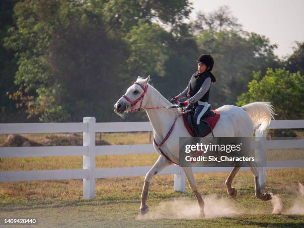 young asian girl enjoy riding horse in the farm, girl horseback riding training at the ranch - recreational horseback riding 個照片及圖片檔