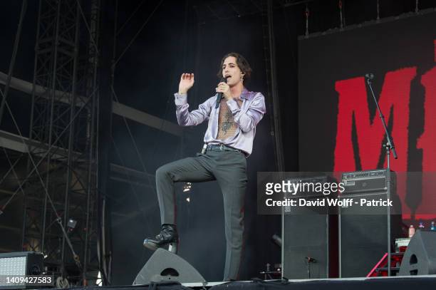 Damiano David from Maneskin performs during Lollapalooza Paris Festival at Hippodrome de Longchamp on July 17, 2022 in Paris, France.
