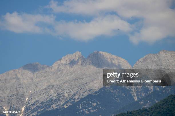 View of the Olympus mountain from Litochoro village on July 16, 2021 in Olympus National Park, Greece.