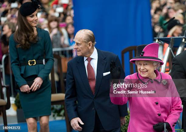 Catherine, Duchess of Cambridge, Prince Philip, Duke of Edinburgh and Queen Elizabeth II vist the Clock Tower during a visit to Leicester on March 8,...