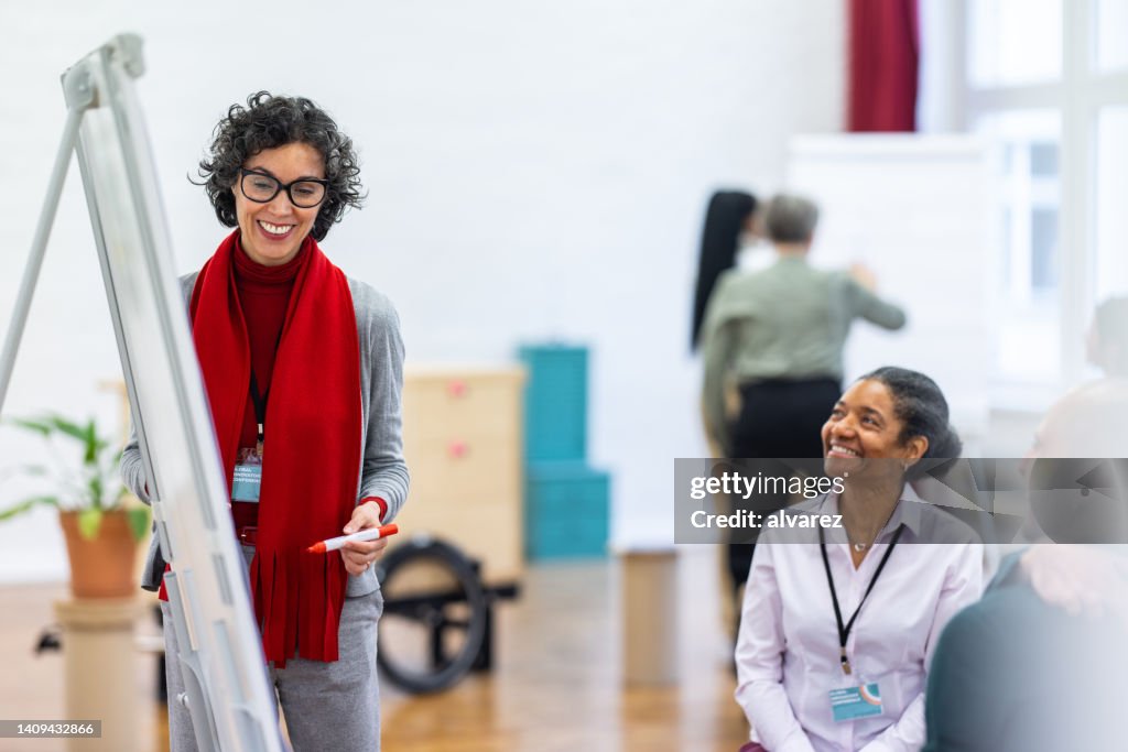 Mature businesswoman giving presentation on flip chart to colleagues in workshop