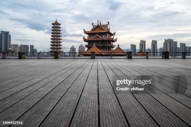 city skyline and empty boardwalk - fuzhou stock-fotos und bilder