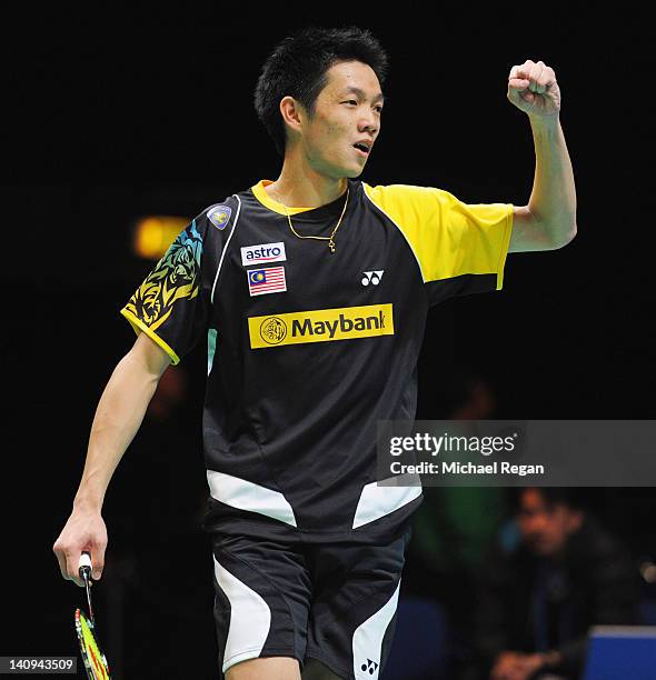 Daren Liew of Malaysia celebrates winning his mens singles match against Rajiv Ouseph of England during the Yonex All England Badminton Open...