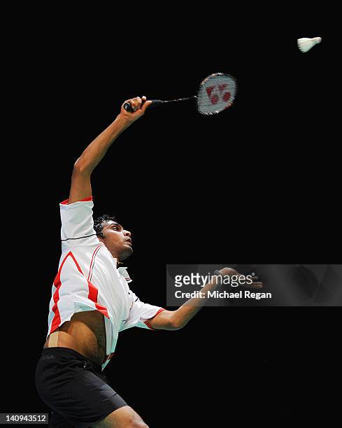 Rajiv Ouseph of England in action during his men's singles match against Daren Liew of Malaysia during the Yonex All England Badminton Open...