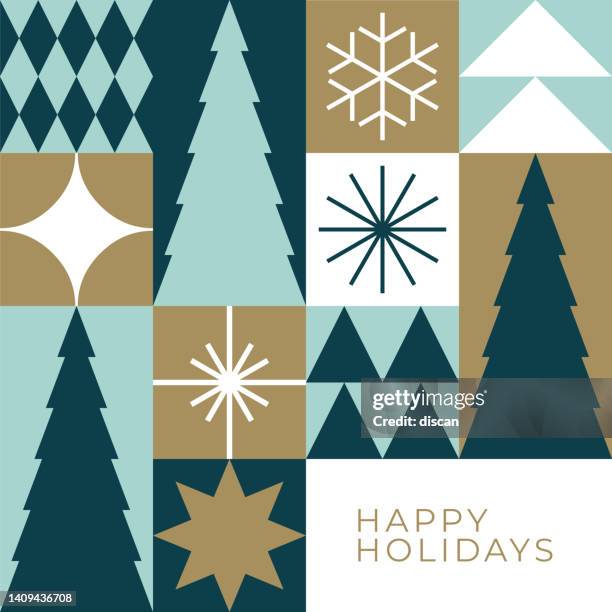 weihnachtskarte mit weihnachtsbäumen. - weihnachten modern stock-grafiken, -clipart, -cartoons und -symbole