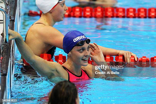 Francesca Halsall of Loughborough University S & WPC looks at the scoreboard after competing in the Women’s 100m Freestyle Final during day six of...