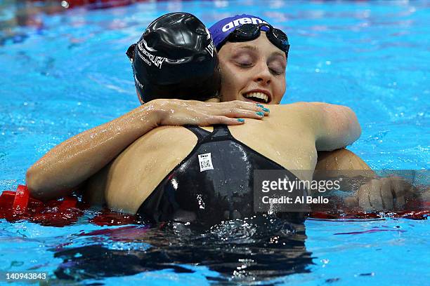 Francesca Halsall of Loughborough University S & WPC is congratulated by Amy Smith of Loughborough University S & WPC after competing in the Women’s...