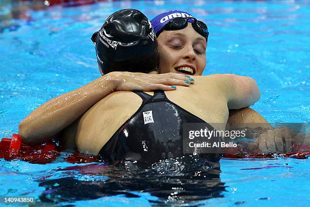 Francesca Halsall of Loughborough University S & WPC is congratulated by Amy Smith of Loughborough University S & WPC after competing in the Women’s...