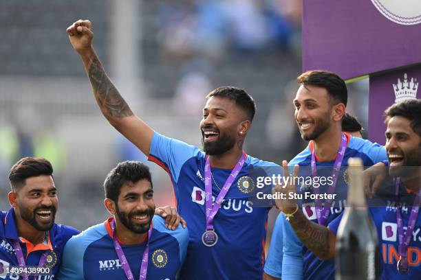 India player Hardik Pandya and team mates celebrate after the 3rd Royal London Series One Day International match between England and India at...