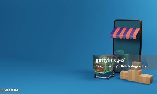 shopping online on mobile application concept marketing and digital . 3d render - tablet 3d stock-fotos und bilder