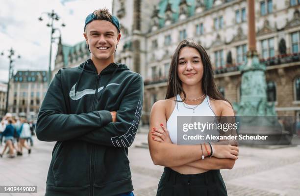 Holger Rune of Denmark and Eva Lys of Germany pose during day one of the Hamburg European Open 2022 at Rothenbaum on July 16, 2022 in Hamburg,...