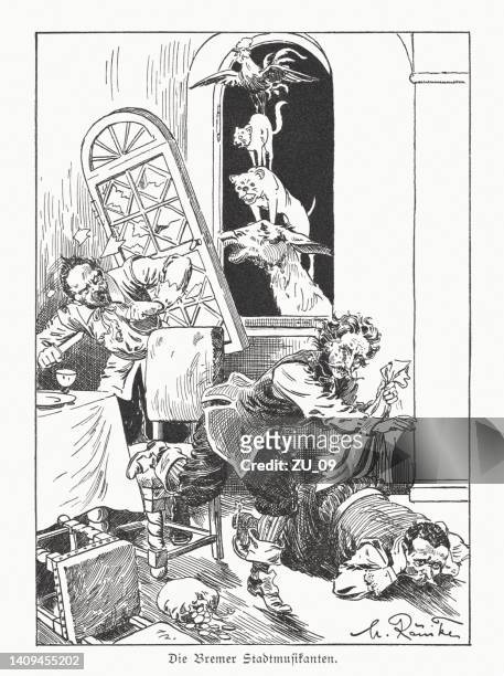 illustrations, cliparts, dessins animés et icônes de les musiciens de la ville de brême (contes de fées de grimm), gravure sur bois, pupliqué vers 1898 - bremen